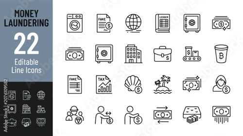 Fotografija Money laundering icons containing financial crime tax evasion offshore banking crypto currency shell company illegal activities and asset hiding line editable icons vector illustration pack of 22 pcs