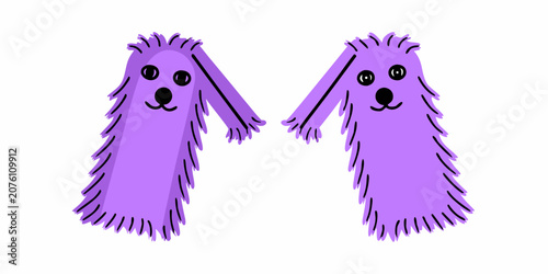 Cuadro en lienzo Purple shaggy dog illustrations facing each other on a white background