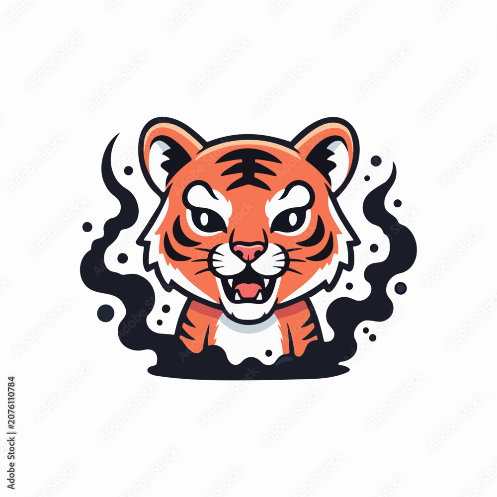 Obraz premium Cute cartoon tiger cub mascot frontal view close up growling with black smoke effect in flat vector illustration style isolated on white background.