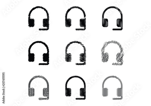 Headphone and headset scribble icon collection with hand drawn sketch texture