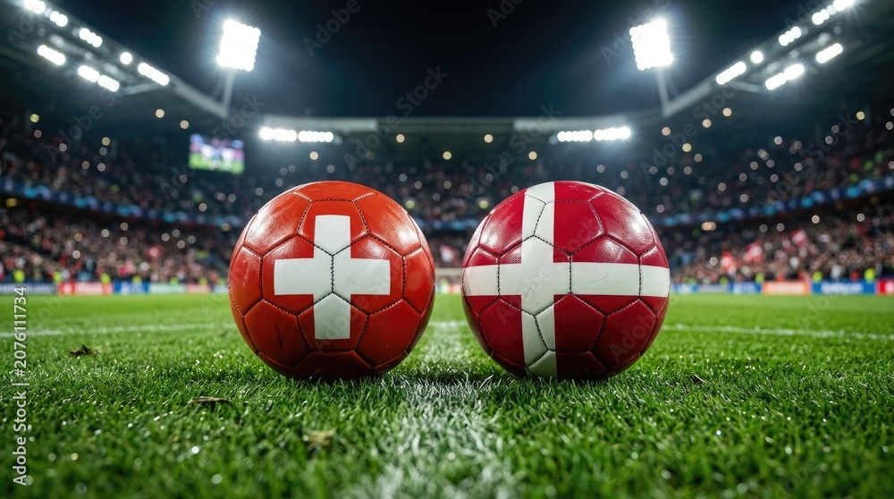 Fototapeta premium Soccer balls with switzerland and denmark flags on a stadium pitch