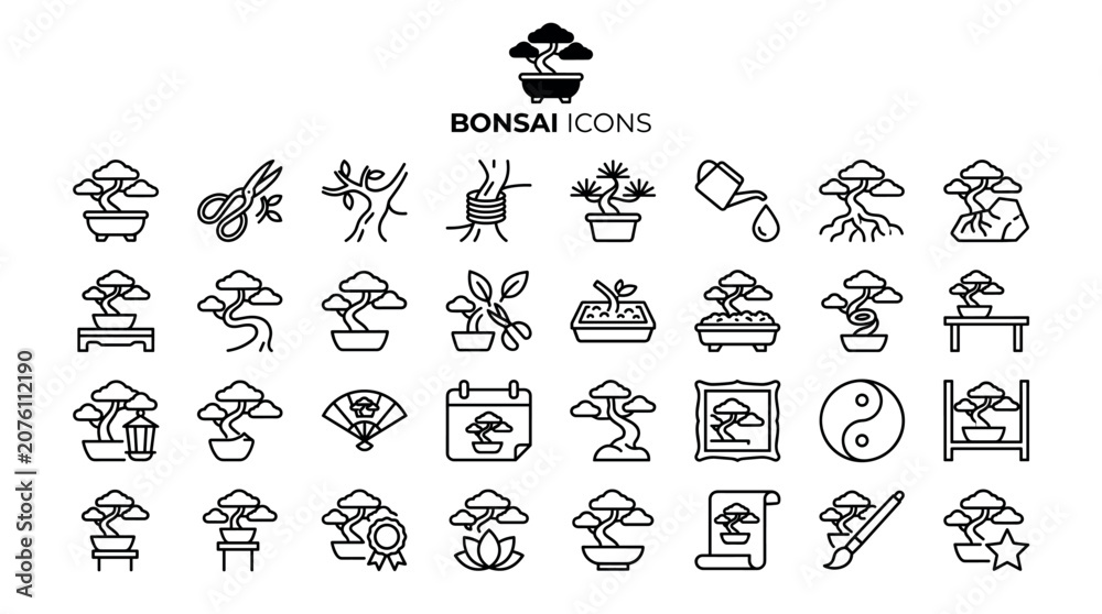 Obraz premium Bonsai icons collection includes gardening tools, plants, outline symbols, and nature elements for cultivation, artistry, Zen culture, botany, and horticulture design projects.