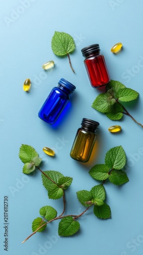 Colorful essential oil bottles surrounded by fresh mint leaves and jelly supplements on a soft blue background. Ideal for wellness and health related projects. Generative AI