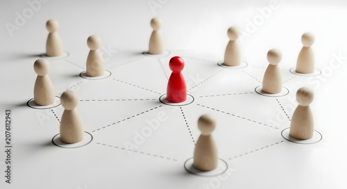 Team leadership and organizational networking structure. Professional connections and human resources management. Red wooden peg figure connecting to a network of white wooden figures