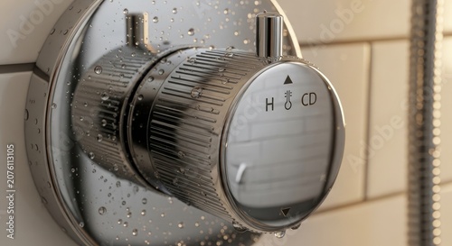 Close-up of a Modern Chrome Shower Faucet with Water Droplets.