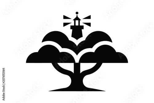 Decorative lighthouse icon integrated with cloud shapes and tree base.