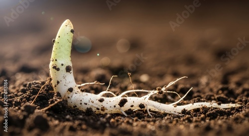 Close-up of a young plant sprouting from the soil, nature concept.