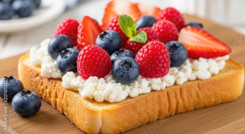 Delicious Toast Topped with Fresh Berries and Creamy Cheese for Breakfast.