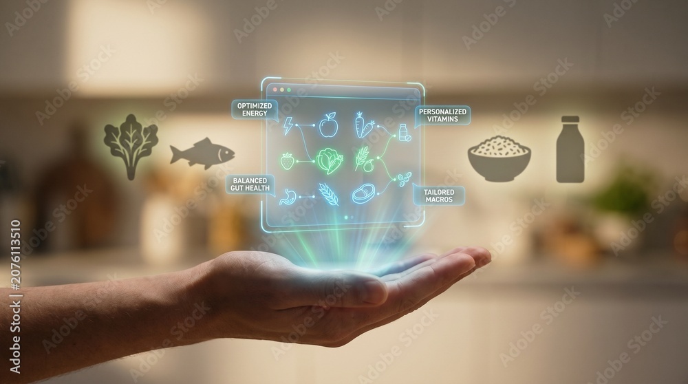 Obraz premium Hand holding glowing digital nutrition meal plan with icons of food and ingredients floating above kitchen background, 3D render concept.