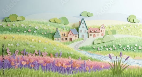 Idyllic Paper Craft Village Scene with Rolling Hills and Colorful Flowers.