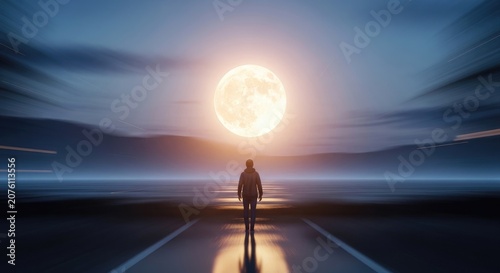 Lone Figure Silhouetted Against a Glowing Celestial Body at Dusk.