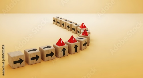 Risk management and potential business danger. Identifying threats and strategic challenges. Wooden cubes arranged in a path with red triangular hazard alert symbols
