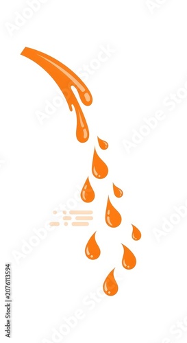 Orange Liquid Pouring Down with Droplets on White Background.