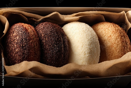 Three artisanal buns in a kraft paper lined box