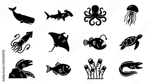 Fotografie Black silhouettes of various sea creatures.