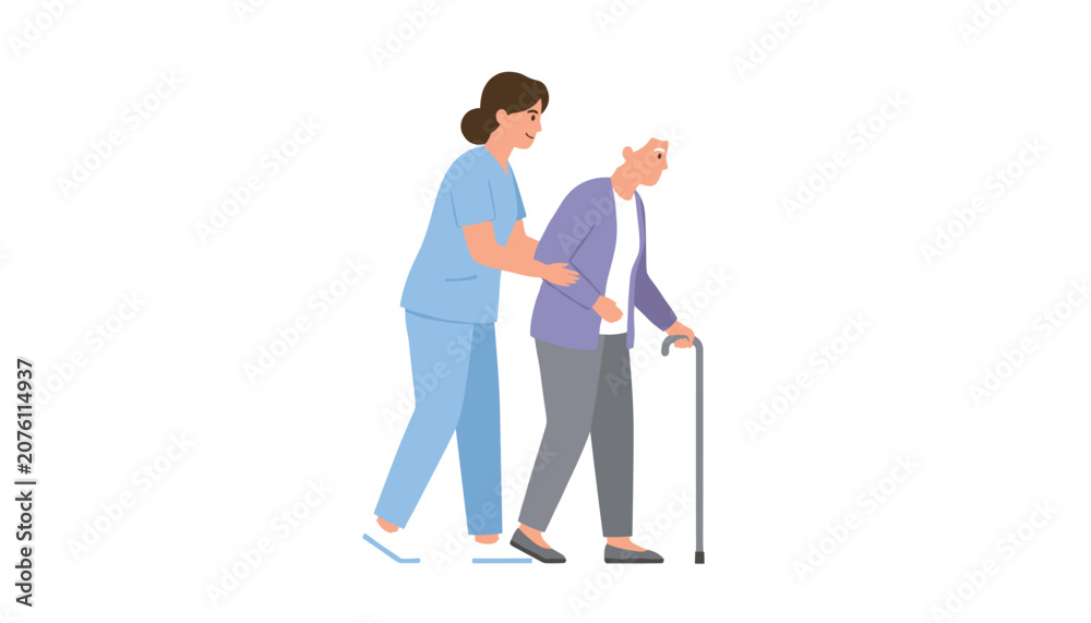 Fototapeta premium Professional caregiver supporting an elderly woman with a cane as she walks through a bright and clean medical or home care environment.