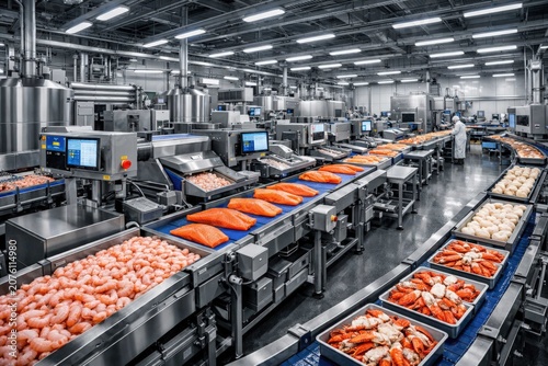 Modern seafood processing factory with automated production lines, fresh salmon, shrimp and crab packaging, hygienic food manufacturing facility