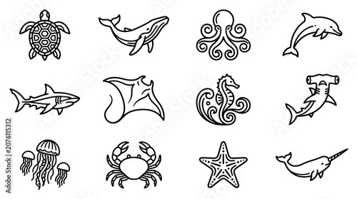 Foto Marine animals icons and symbols.