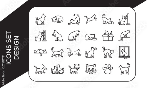 Cat Poses Outline Elements Collection, Cat Outline Icons Elements Collection,Cat Poses and Actions Line Icon Set, Cat and Kitten Line Art Elements Collection