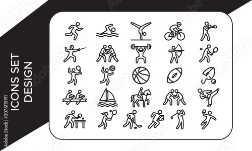 Sports Icons Elements Collection, Summer Sports and Athletic Competition Line Icon Set, Editable Stroke Vector Illustrations