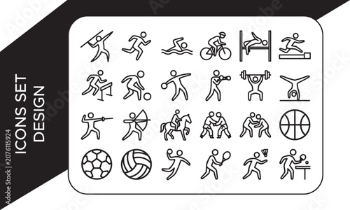 Sports Icons Elements Collection, Summer Sports and Athletic Competition Line Icon Set, Editable Stroke Vector Illustrations
