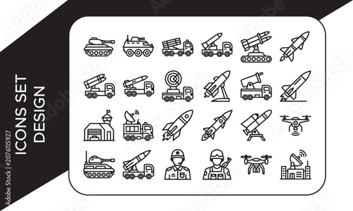 Military Missile Launcher and Radar Truck Line Icon Set, Military and Army Vehicles Line Icon Set, Military Vehicles and Weapons Line Art Elements Collection, Missile Launcher Military Vehicle Icons S