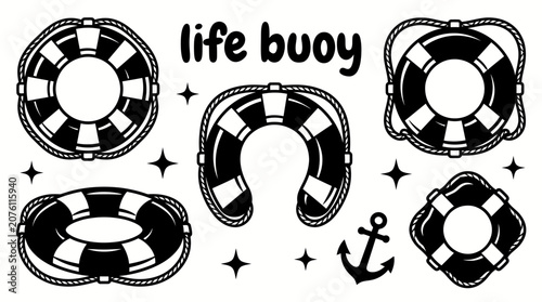 Foto Striped life buoy vector collection isolated for marine safety, rescue equipment, swimming, boating, and ocean themes