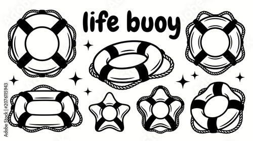 Fotografie Striped life buoy vector collection isolated for marine safety, rescue equipment, swimming, boating, and ocean themes