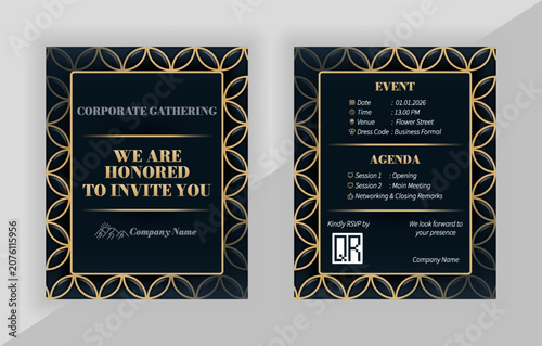 Elegant charcoal and gold corporate invitation card with editable vector design and we are honored to invite you lettering, can be used as template for business gala event, awards night, or seminar