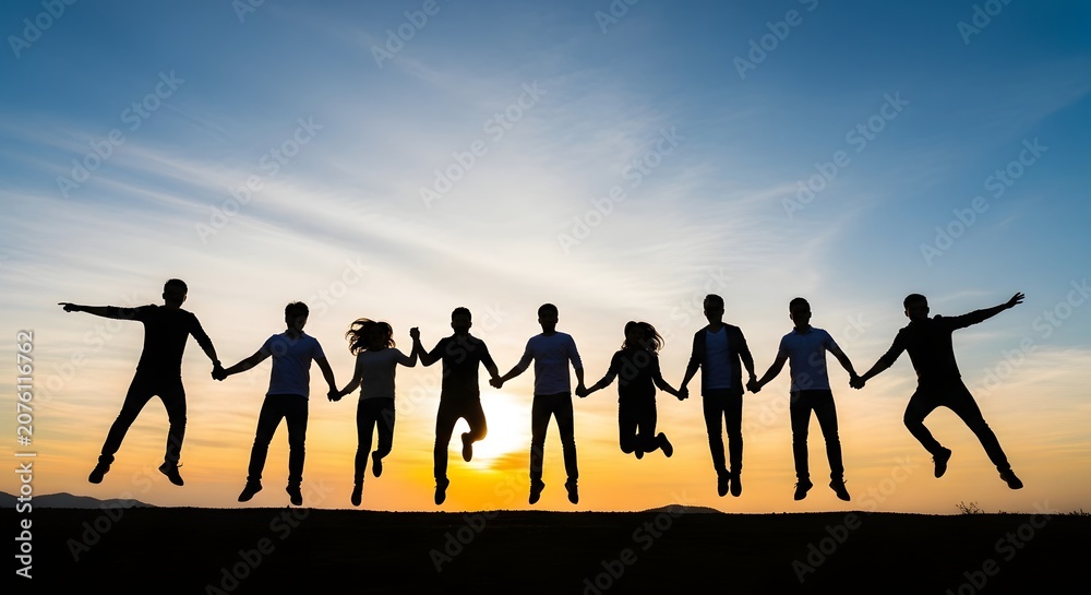 Fototapeta premium People jumping together at sunset for teamwork. Success, unity and community connection. Group of diverse friends holding hands and leaping against a bright sky