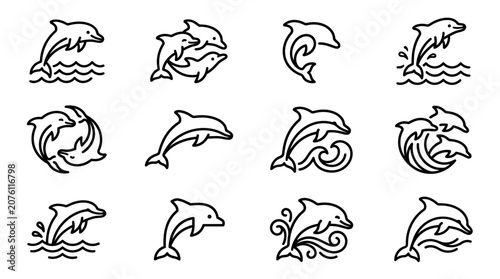 Принти на полотні Black line art dolphin icons set.