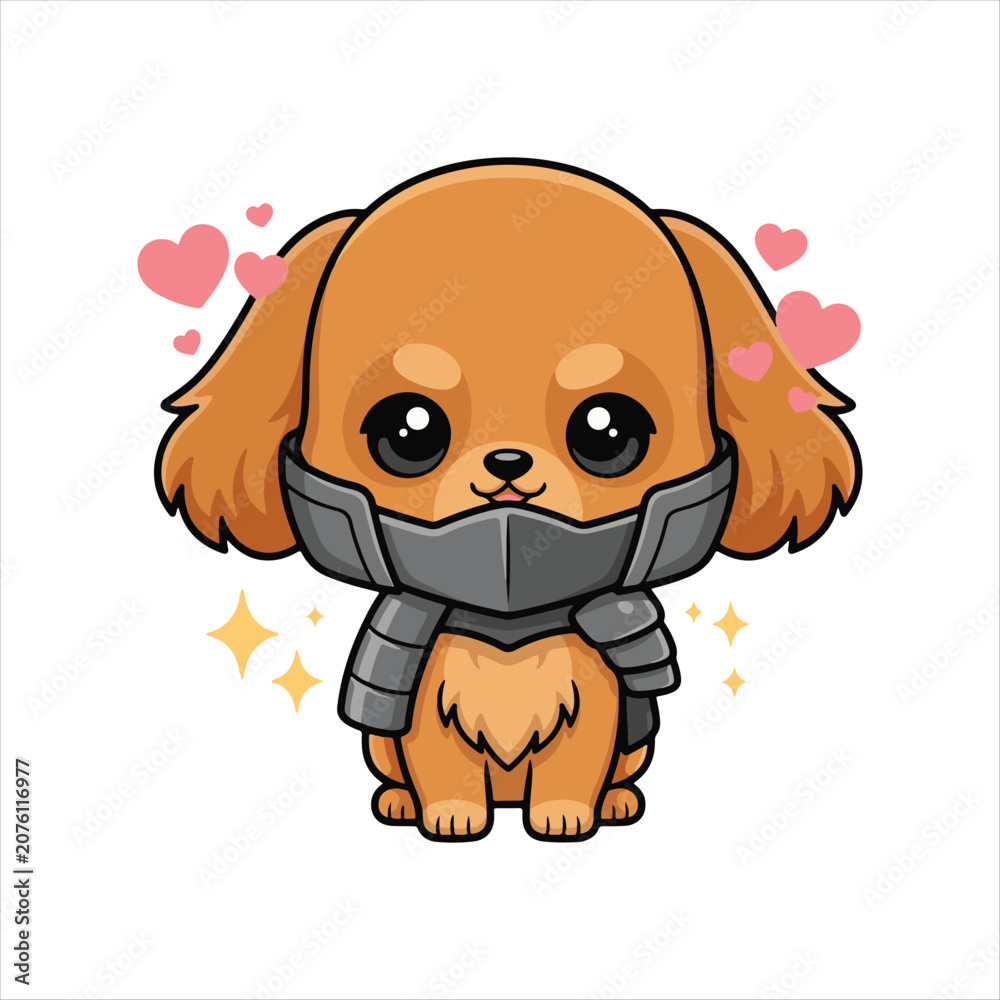 Obraz premium Cute Puppy Warrior Character Cartoon, Adorable Fantasy Dog Knight Mascot, Kawaii Puppy Hero Illustration, Cartoon Dog in Armor Design, Cute Animal Knight Character, Chibi Puppy Fantasy Mascot