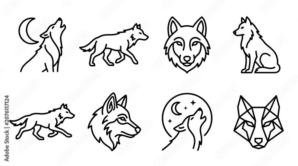 Fototapeta premium Collection of stylized wolf illustrations in various dynamic poses and angles.