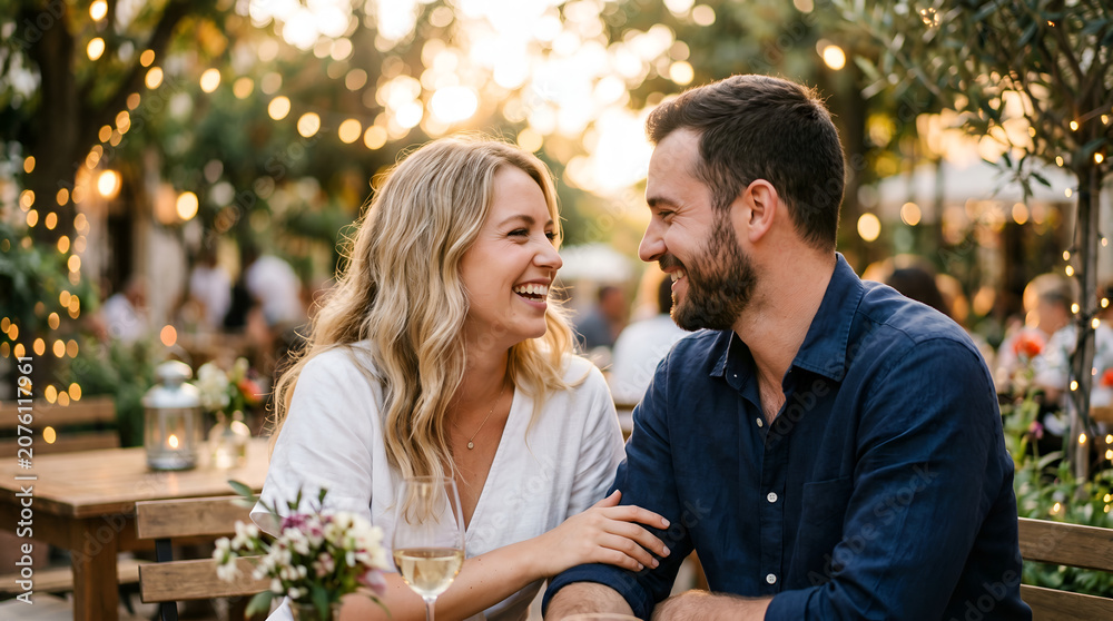 Fototapeta premium Couple laughing softly while looking at each other, dreamy lighting, shallow depth of field, clean blurred background, romantic lifestyle mood
