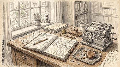 Old style office accountant desk with open ledger and mechanical calculator accountant accounting business bookkeeping stationery paperwork clerical workplace calculation