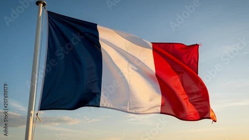 French National Flag Waving Proudly Against a Clear Blue Sky.