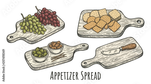 Elegant assortment of rustic wooden cutting boards featuring fresh green grapes savory crackers and briny olives arranged on a dark table for a gourmet snack platter or appetizer presentation.