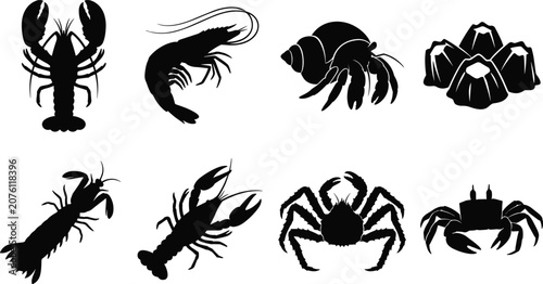 Cuadro en lienzo Marine Crustacean Silhouette Icons Set with Lobster Shrimp Crab Hermit Crab and