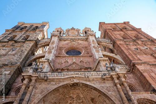 Low angle view of Astorga Cathedral facade in León, Spain