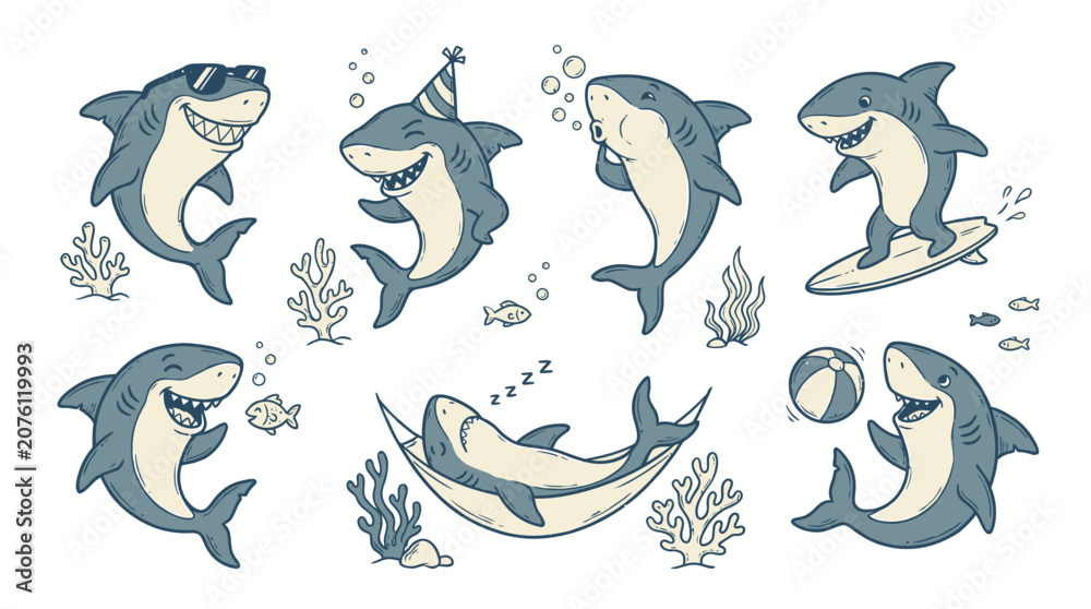 © Thai - Comprehensive collection of 56 flat vector icons featuring playful cartoon sharks illustrating diverse emotional expressions, aquatic activities, and underwater sea life in a minimalist style.