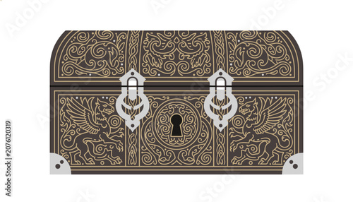 Intricately decorated ornate wooden treasure chest featuring griffins and scrollwork patterns with silver hinges and a prominent keyhole.