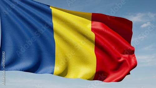 Waving Flag of Romania Against a Clear Blue Sky.