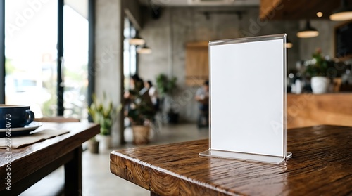 A Blank Acrylic Table Tent Menu Stand Mockup Sitting on a Rustic Wooden Table in a Modern Cozy Coffee Shop Interior