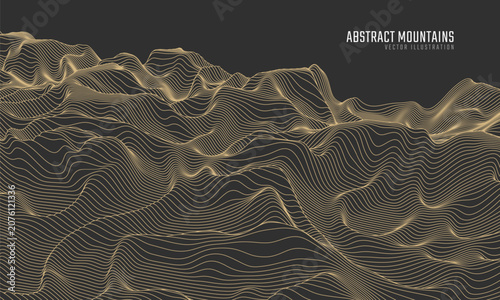 Contour mountain landscape. Waved line art. Abstract minimal topographic map. Contour lines with elevations and terrain depth. Vector illustration.