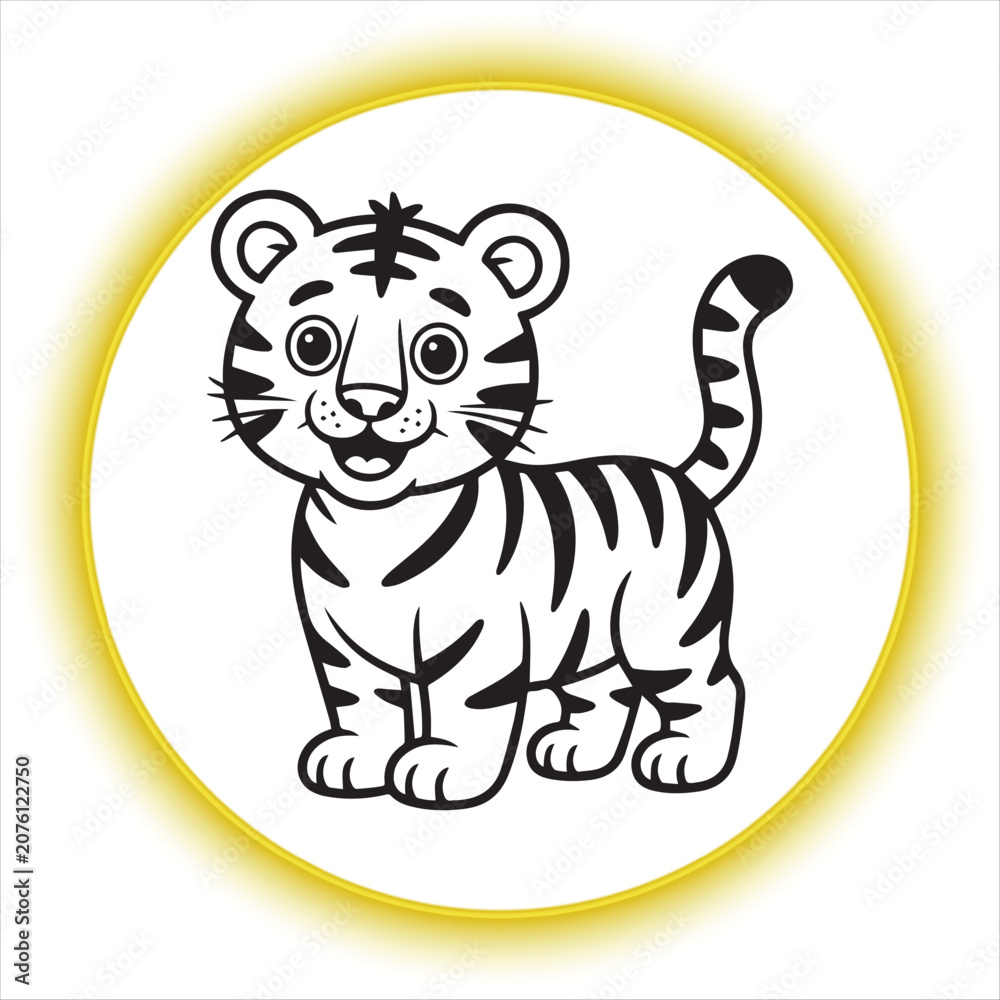 Fototapeta premium Cartoon tiger vector coloring page isolated on white background, Cute little tiger character line art for children, Black and white tiger cub coloring page vector