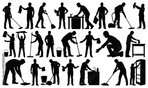 Men Cleaning Silhouette Set Vector Collection, Janitor Housekeeping Worker Black Icons, Cleaning Service People Poses