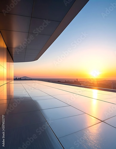 Sunset view from modern building balcony.