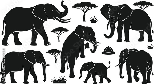 фотографія African Elephant Silhouette Vector Set with Walking Adults Baby Calf Acacia Tree