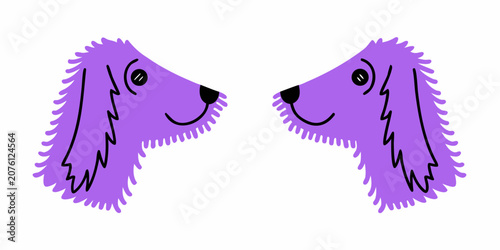 Two purple shaggy dog heads facing each other vector illustration
