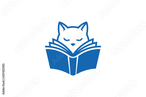 Minimalist blue icon of cute cat reading open book as education symbol.